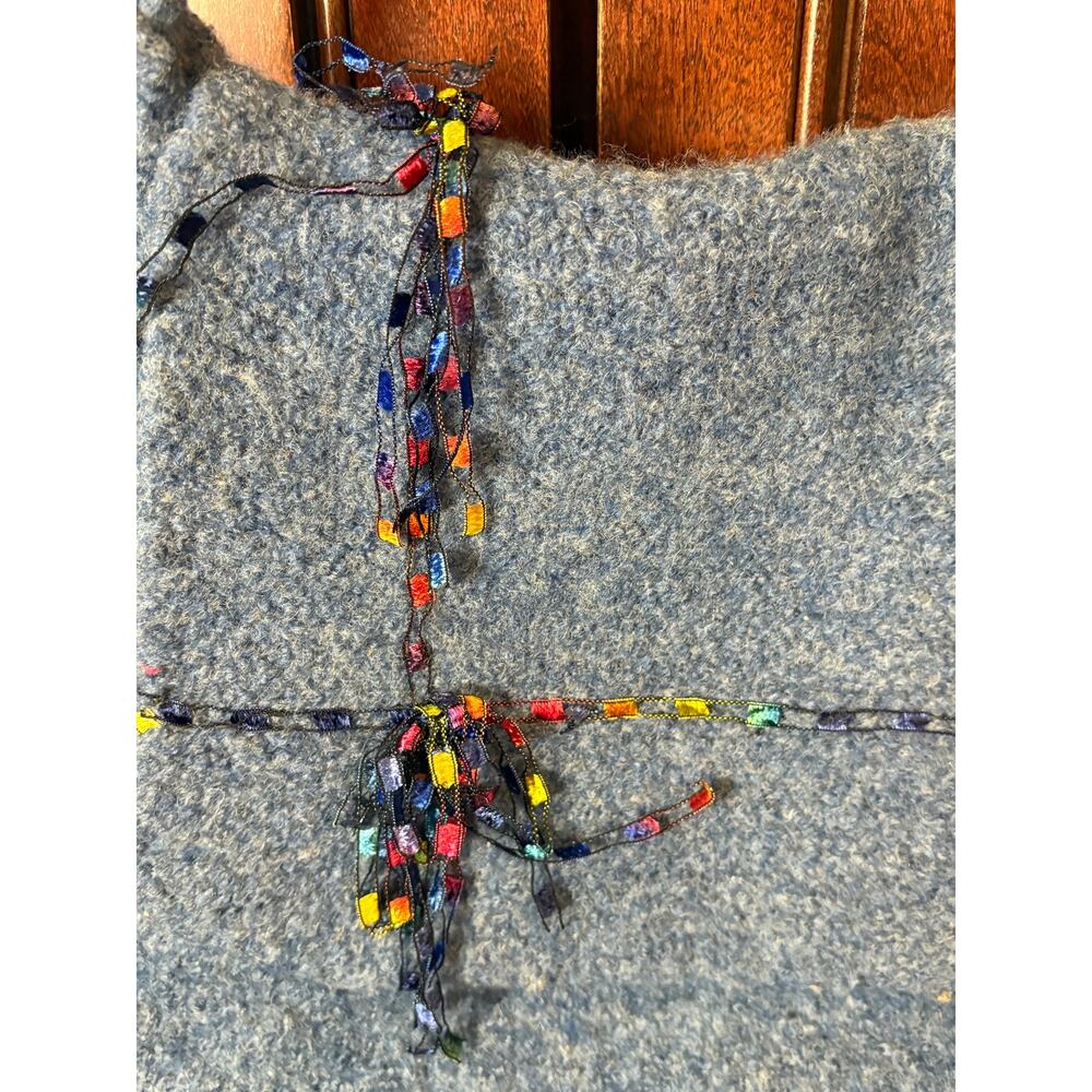Handmade Blue Felt Shoulder Purse with Multicolored Ribbon Accents - Picture 8 of 10
